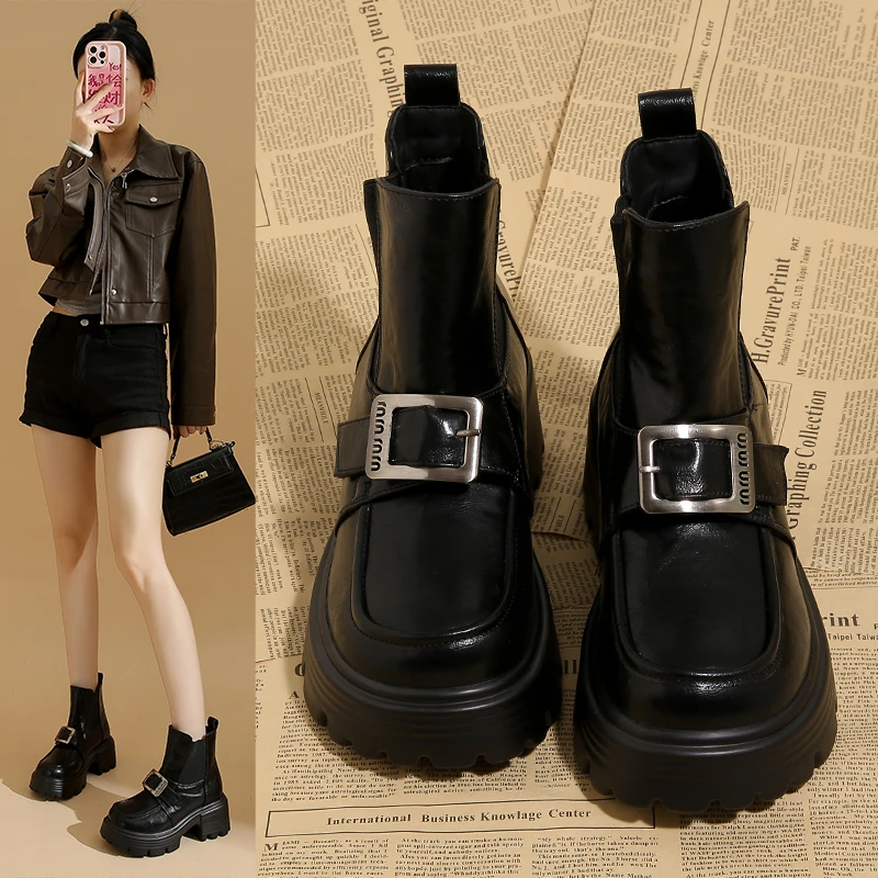 秋冬季法式马丁靴女英伦风粗跟瘦瘦靴厚底ins短靴子百搭加绒棉靴