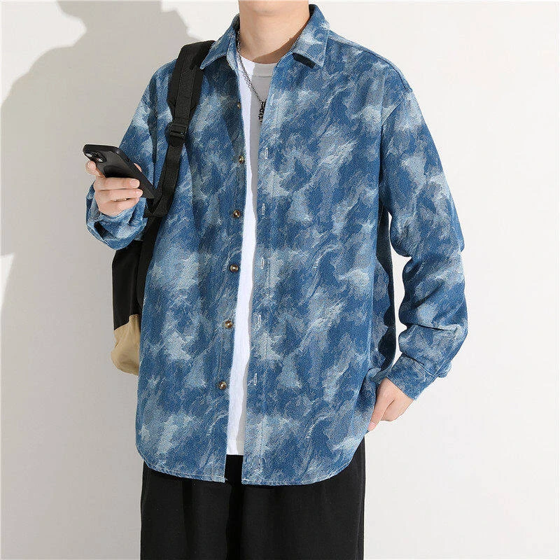 春秋季休闲潮款牛仔长袖衬衫品质青年款百搭痞帅潮流港风上衣