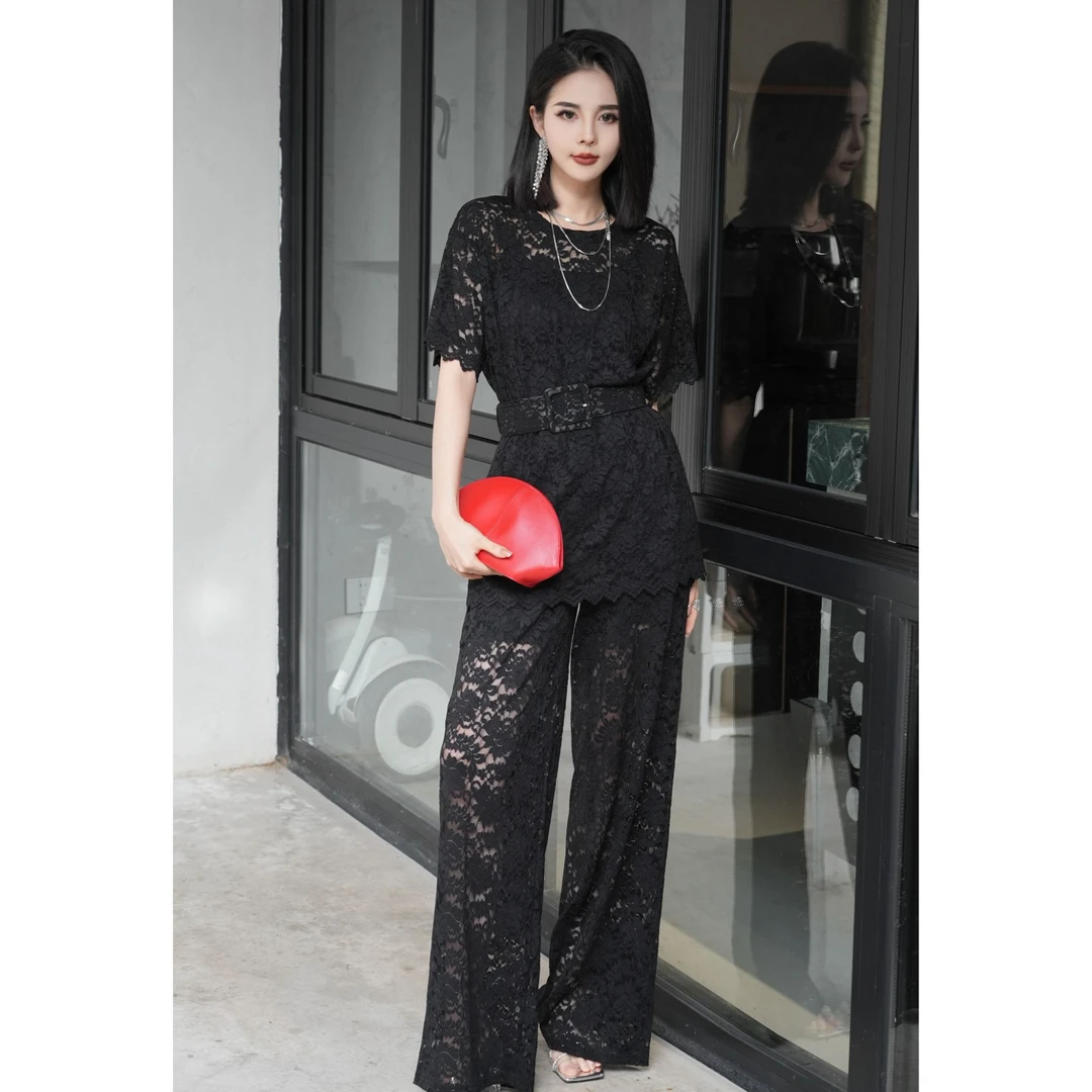 POPULARYW【一亩花棠】Z·R上品屋  时尚镂空腰带松紧腰上衣裤子套装