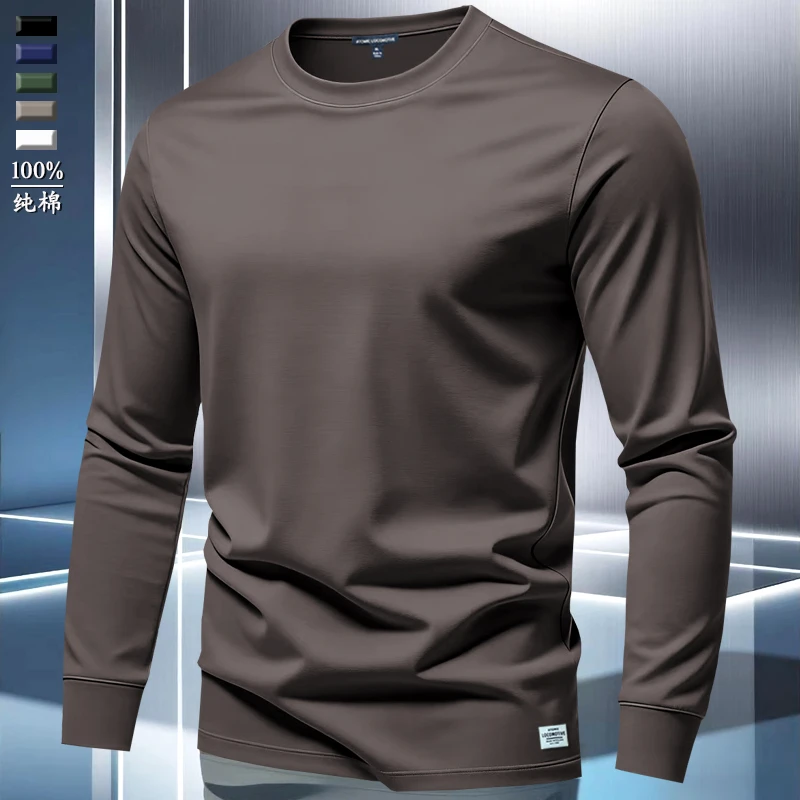 高支重磅纯棉男士长袖咖啡色商务纯色圆领T恤美式保暖长袖打底