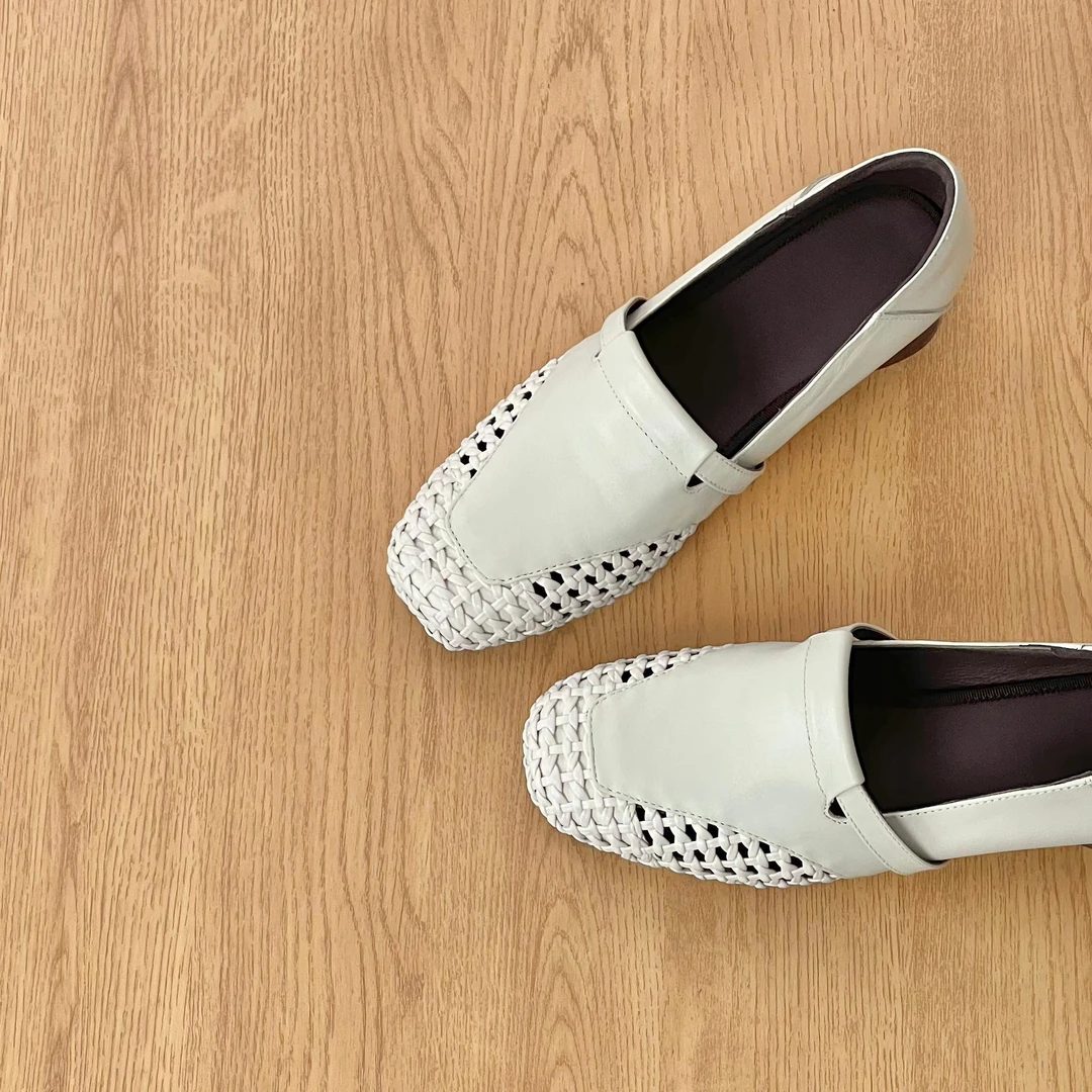 HUSSLOVE 头层牛皮+网格·跟高3CM·百搭通勤简约编织拼接款单鞋