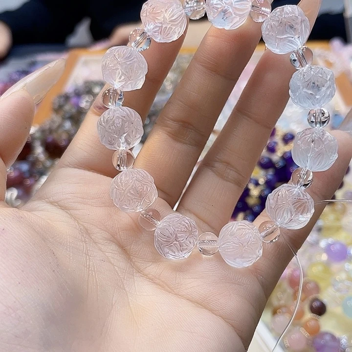 烟晶手链银S925镶嵌13白水莲花