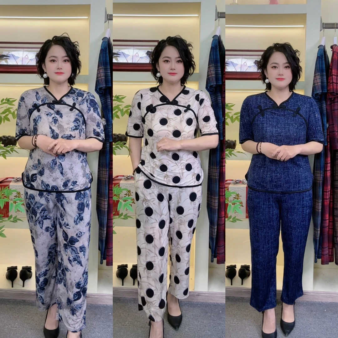 夏季新款时尚减龄休闲印花洋气女士中老年套装