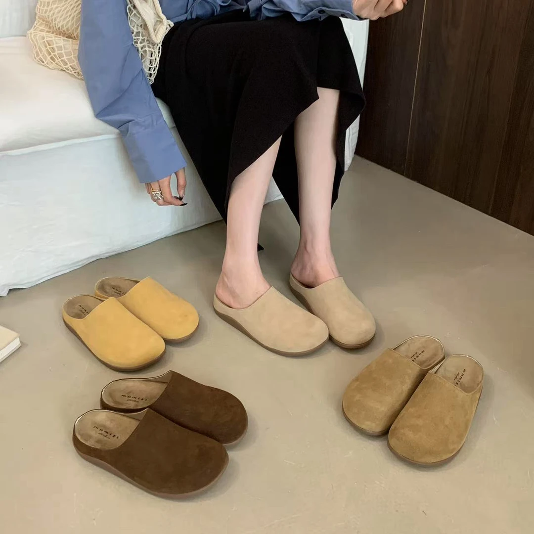 真皮内增高小个子复古编织凉拖勃肯鞋女鞋外穿包头半拖鞋-