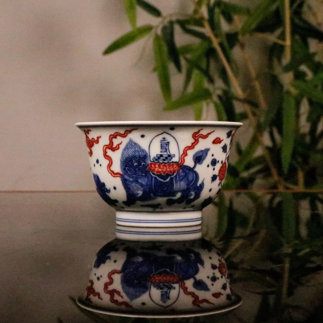 片云晚谷青花釉里红麒麟驮寿若深杯景德镇手工手绘茶杯陶瓷