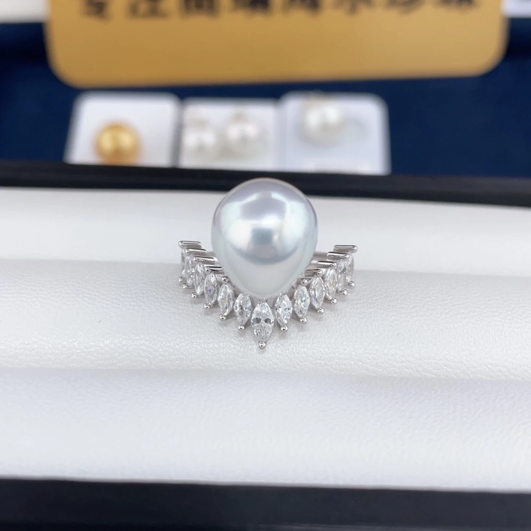 海水珍珠11-12澳白银蓝戒指极光定制不退不换银S925镶嵌