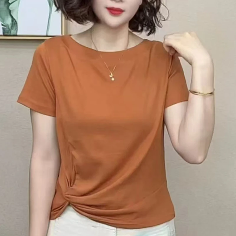 夏季纯色圆领T恤短袖百搭气质宽松显瘦t恤时尚妈妈装舒适清爽简约