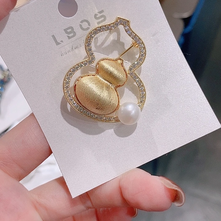 锆石铜合金拉丝复古葫芦胸针 金色