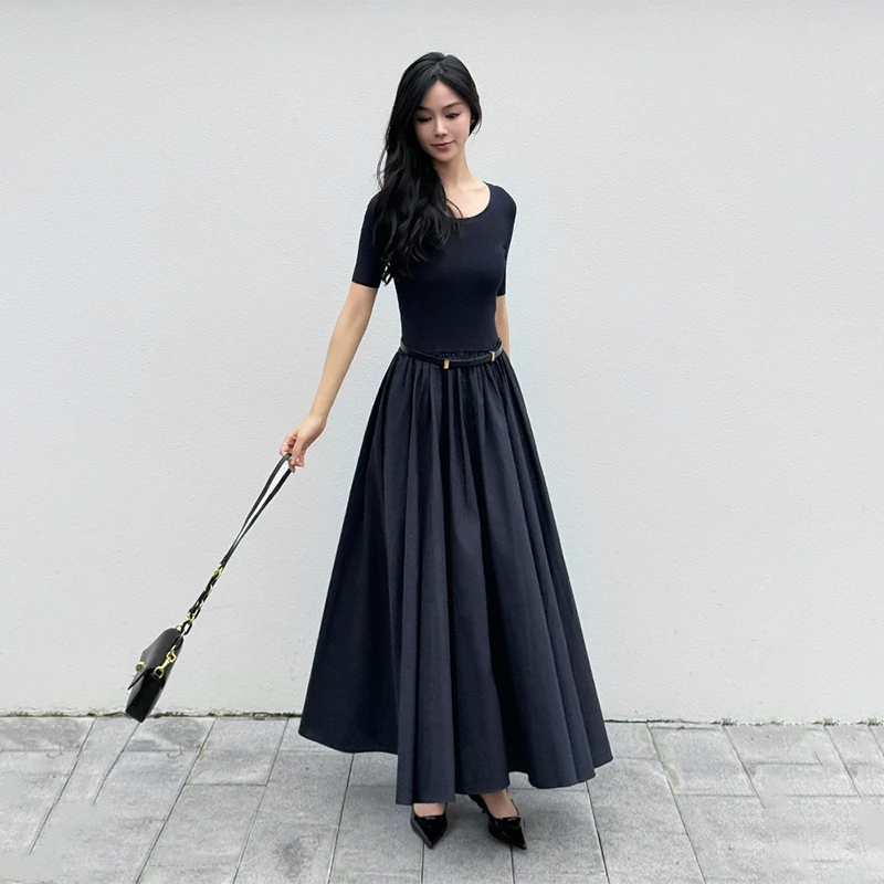 Music eyes音眸 针织拼接连衣裙女夏修身显瘦气质掐腰a字大摆长裙