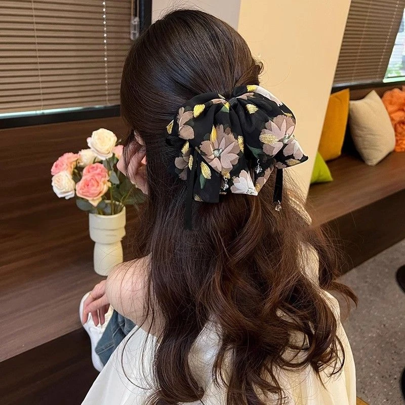 2025夏季新款蝴蝶结飘带碎花半扎发抓夹高级感显发量马尾夹子发卡