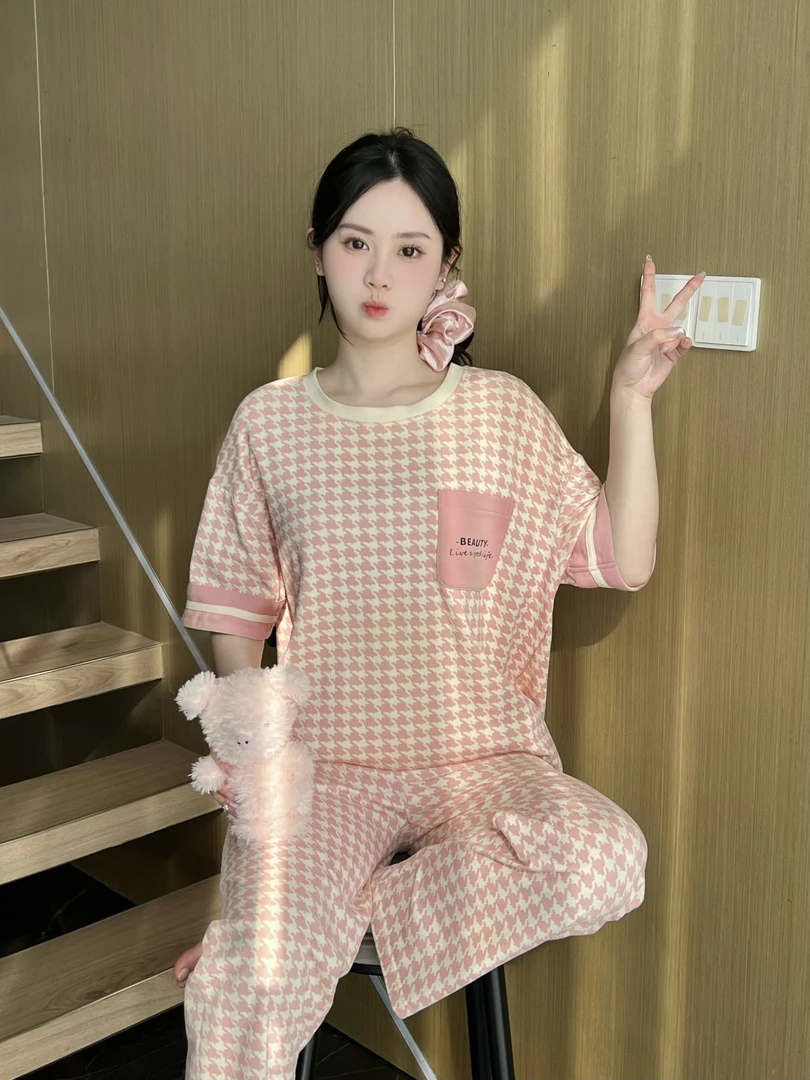 【拍一发三】2025夏季带胸垫纯棉女士短袖长裤短裤家居服睡衣女套装