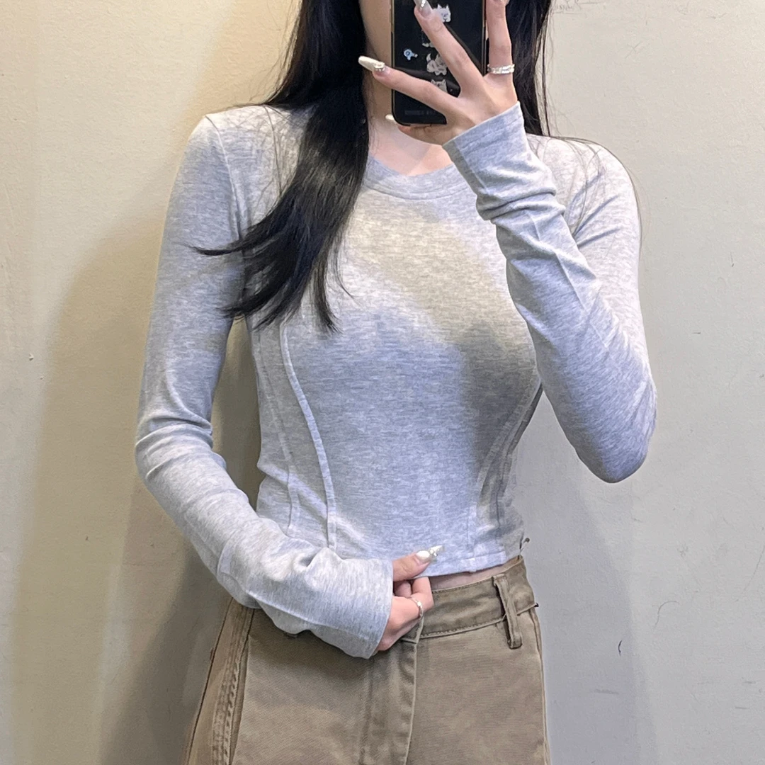 范范与凡凡【纯欲小腰精】简约纯色圆领长袖辣妹修身显瘦T恤上衣春