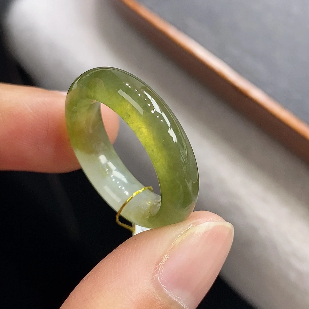 天然A货翡翠 13.14号圈老坑冰种特色茶黄色翡翠戒指环17mm