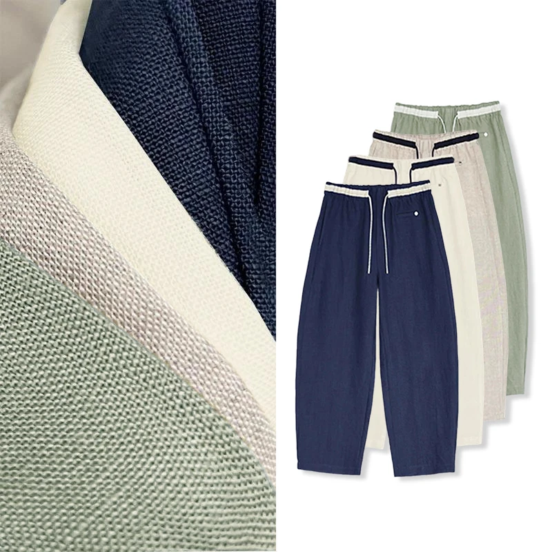 【天丝亚麻】异色腰头抽绳裤女夏季凉感高腰假门襟休闲阔腿裤E0643