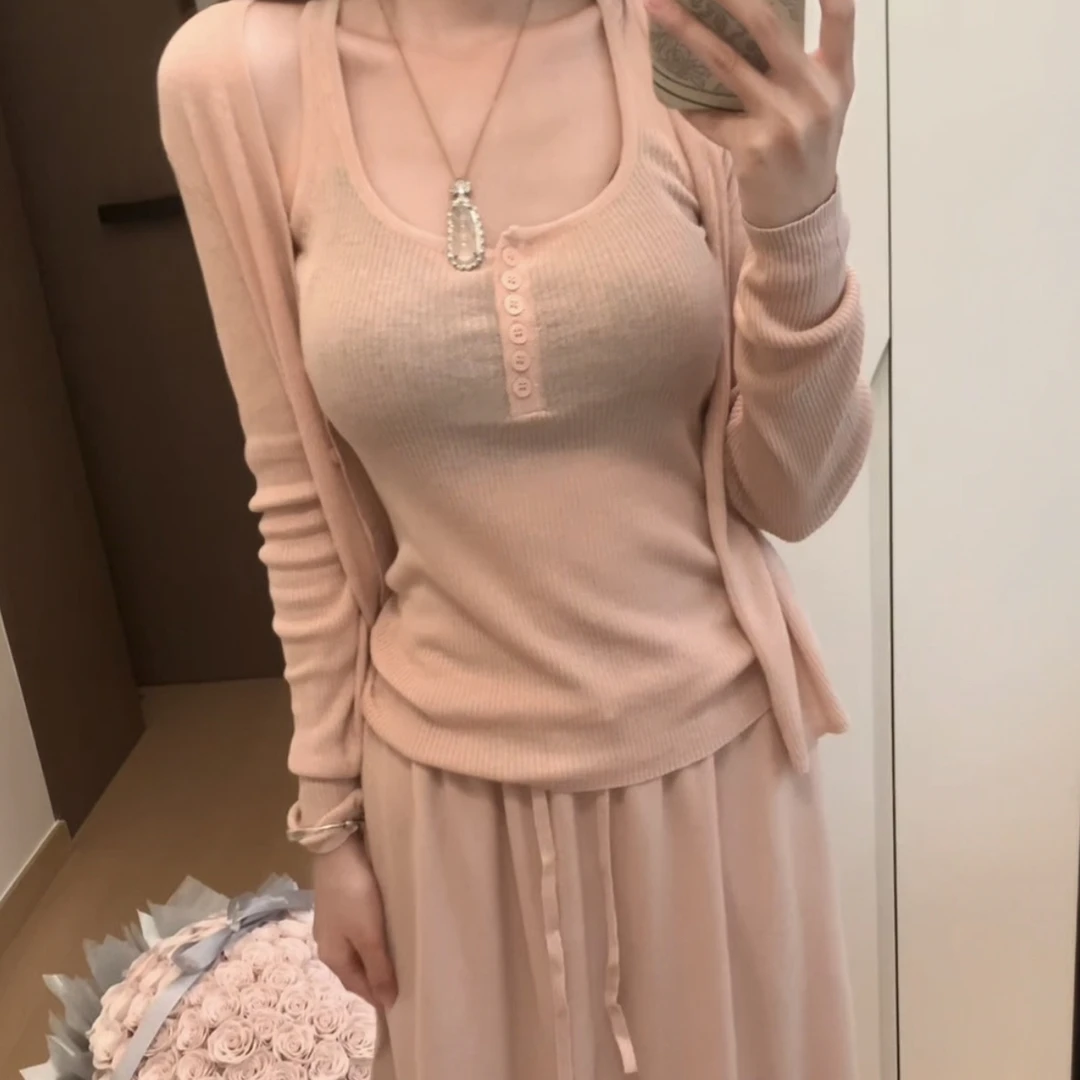 慵懒风针织长袖开衫外套吊带背心高腰开叉半身裙套装纯欲气质显瘦