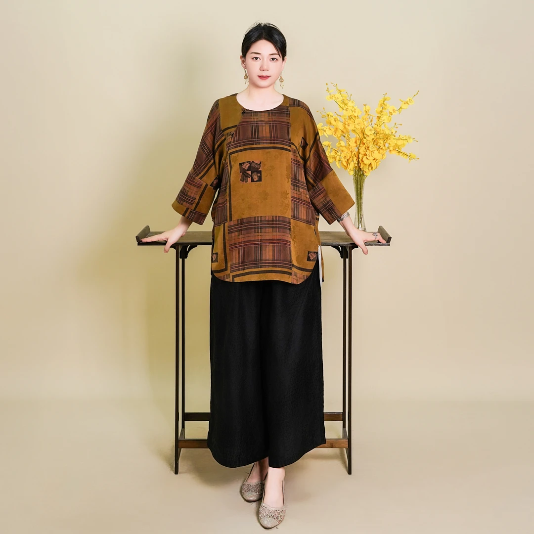 【巴黎贵妇】2025年新款100%香云纱圆领提花国风新中式国风太太服