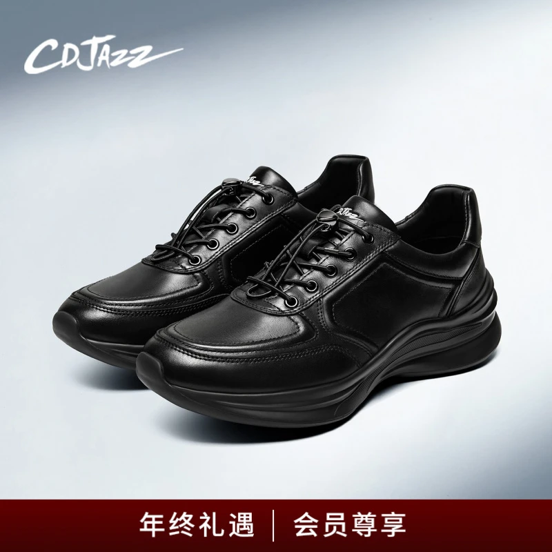 CDJAZZ卡地爵士黑色运动鞋真皮软底一脚蹬小黑鞋男透气舒适休闲鞋