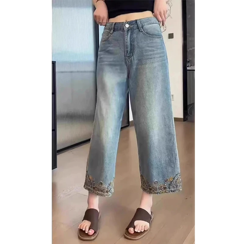 欧货复古重工刺绣八分牛仔裤女夏季新款小个子高腰宽松显瘦直筒裤