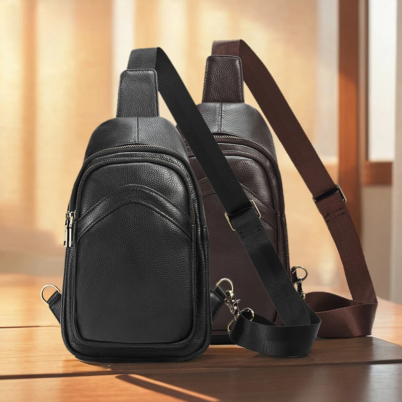 真皮胸包韩版男士休闲包包牛皮男士包潮牌百搭胸前包简约斜挎包男