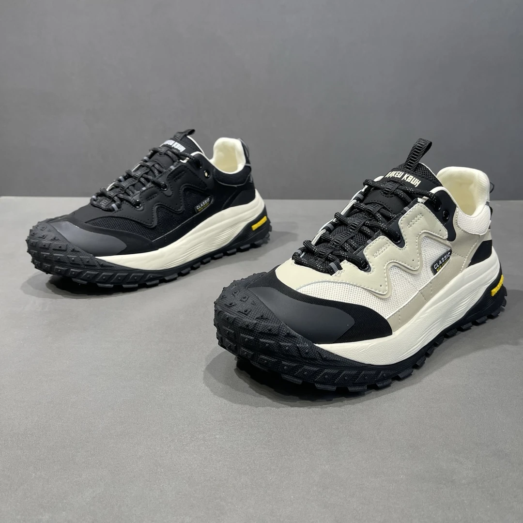 欧丽龙品牌复古休闲登山潮鞋皮面加针织网布超轻发泡橡胶组合底