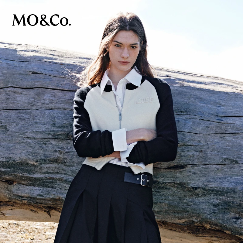 MOCO秋季可机洗绵羊毛美式风撞色插肩袖针织开衫MBD3CARK05