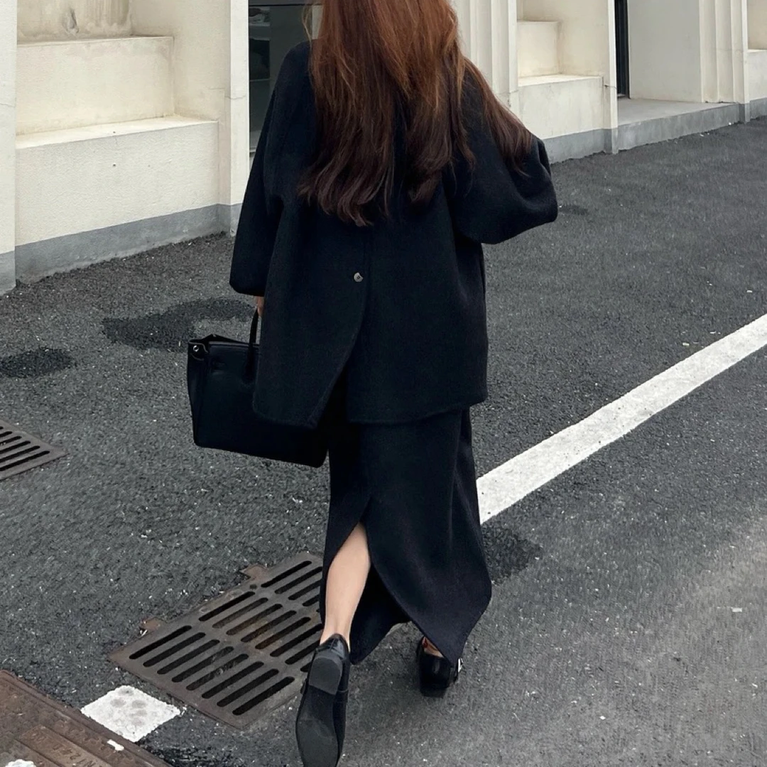 自由之丘 新款双面羊毛大衣套装 上衣外套直筒裙设计感套装