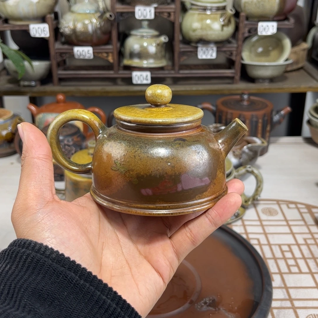180cc白泥柴烧彩填半月壶，古法传承裸坯柴烧