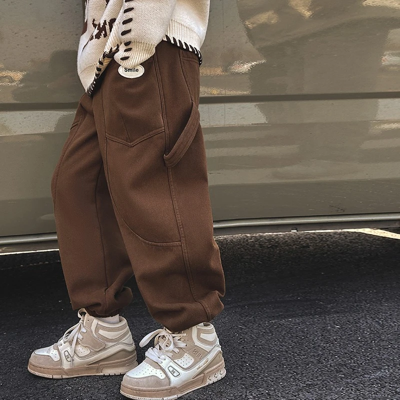 儿童冬装2024冬季新款大男童装加绒裤子秋冬款一体绒工装裤6202A