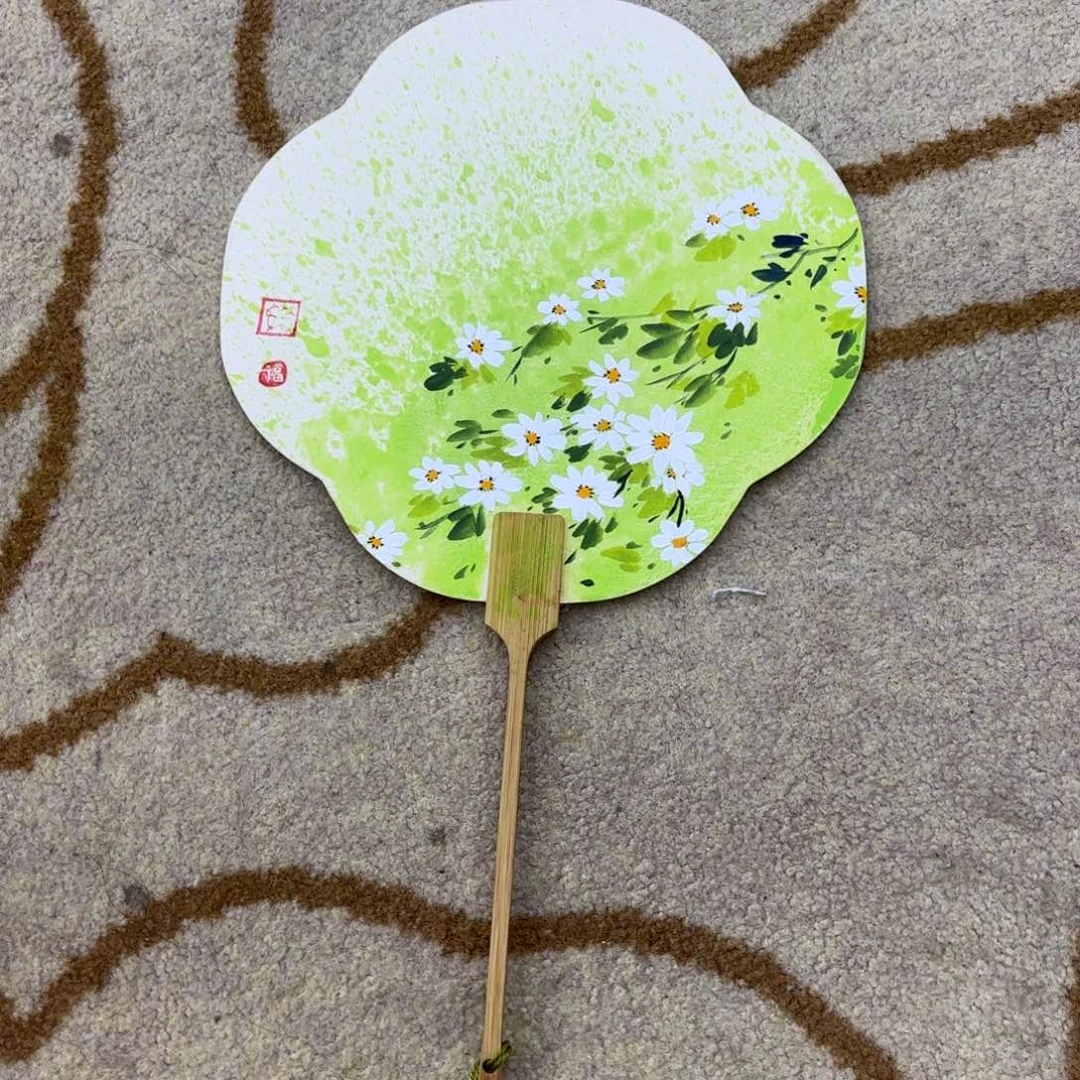 国画安然扇子花鸟童