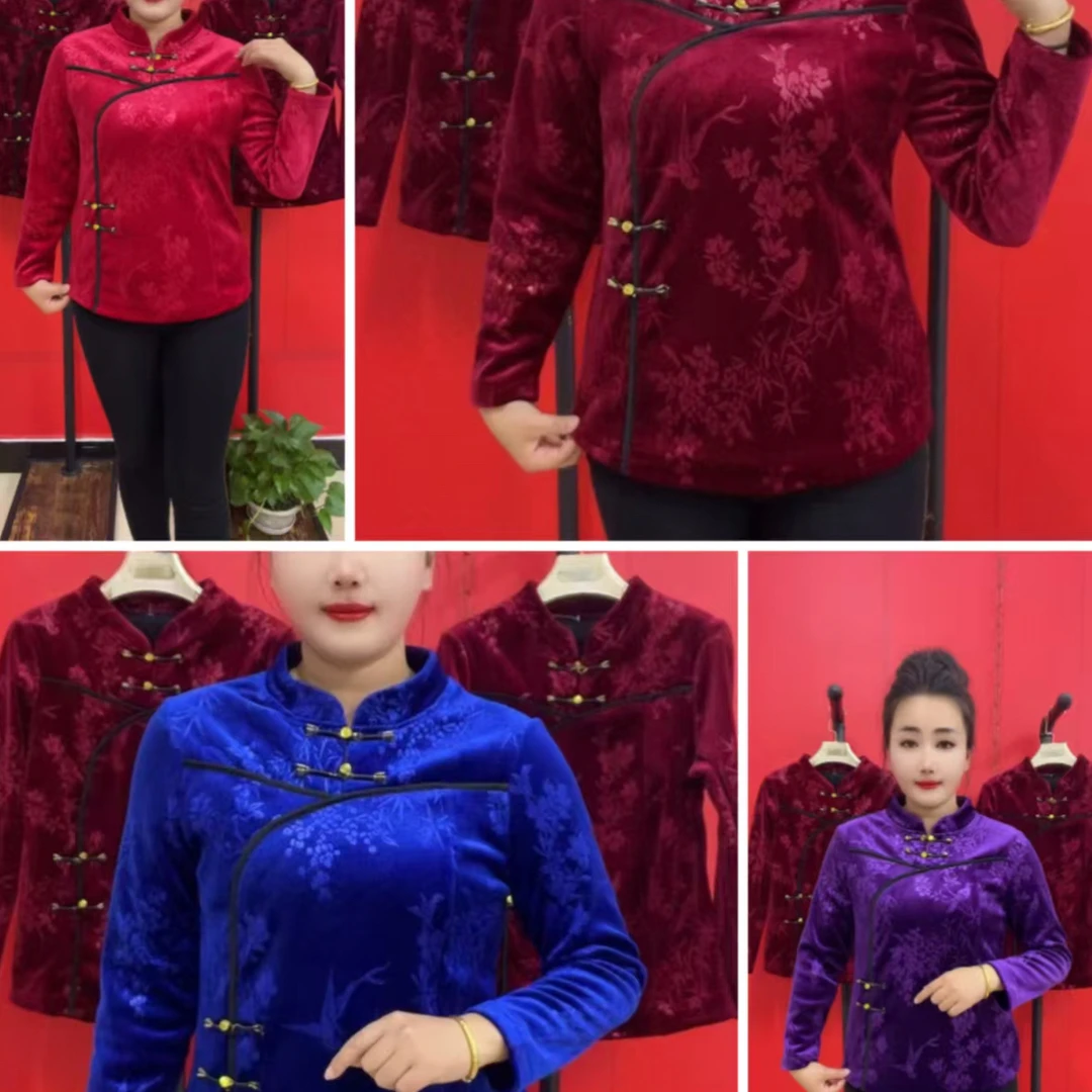 秋冬加绒改良旗袍保暖盘扣长袖上衣中老年女装显瘦百搭衫