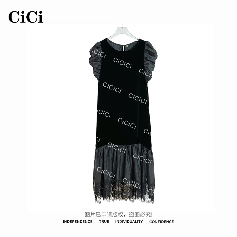 【CiCi酱】夏季法式花苞袖蕾丝下摆精致100%桑蚕丝丝绒连衣裙52503