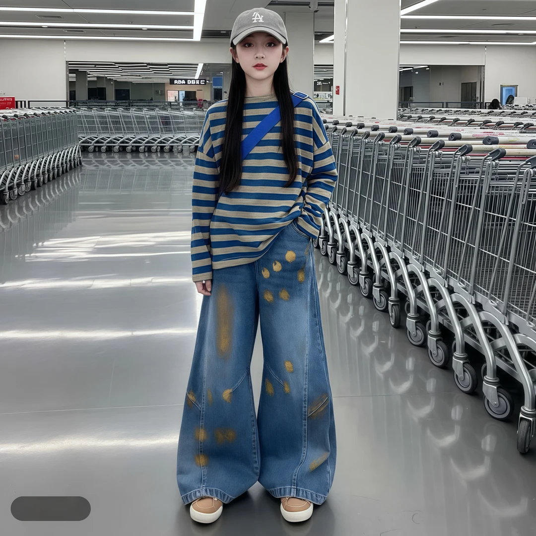 女童春秋季条纹套装2025新款韩系中大童洋气女孩牛仔阔腿裤两件套