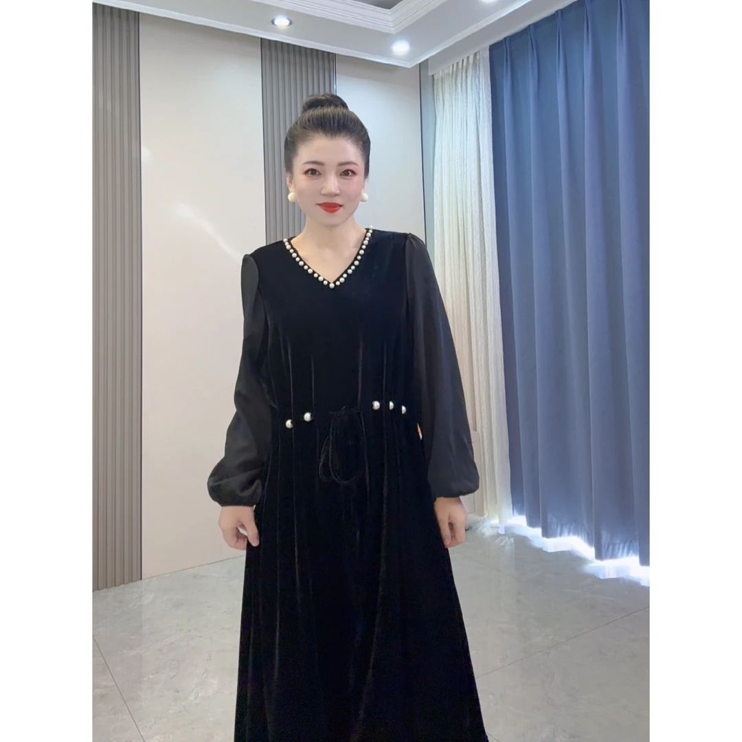 胖妹妹加肥V领钉珠边拼接长袖连衣裙大码女装气质通勤风显瘦裙子