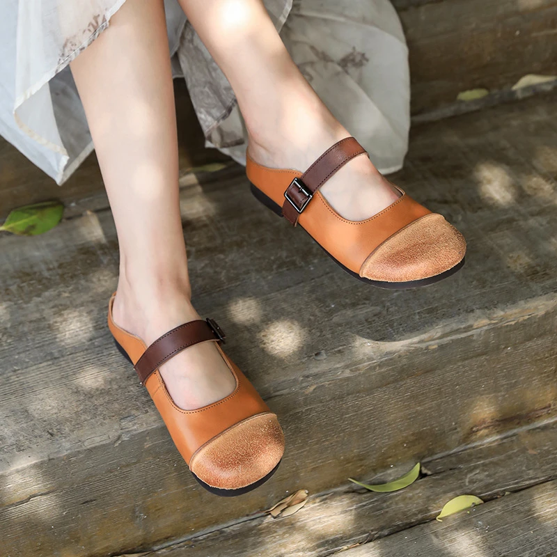 牛皮拖鞋拼色包头软底浅口夏季新款一字袢带软底平跟皮拖百搭舒适