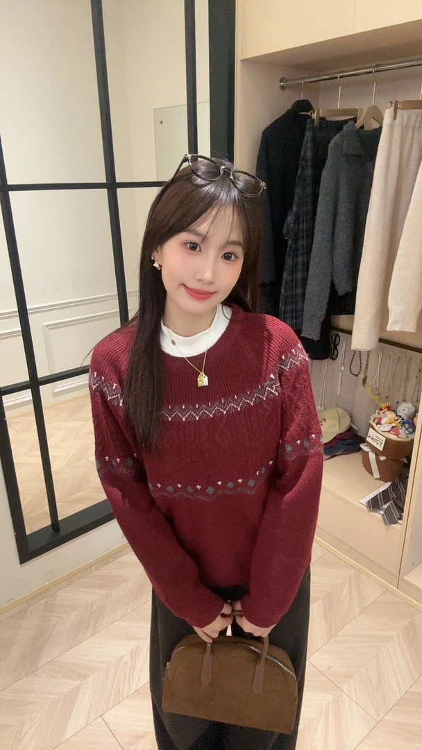 费尔岛提花圆领套头毛衣2025冬季时尚宽松慵懒风毛衣SS7412