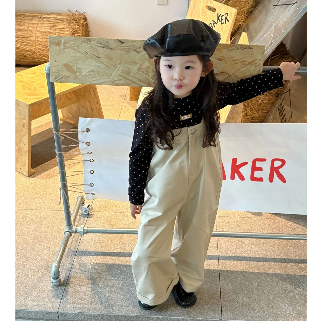 壹妈韩版童装女童早秋套装新款洋气女宝黑色波点打底卡其色背带裤