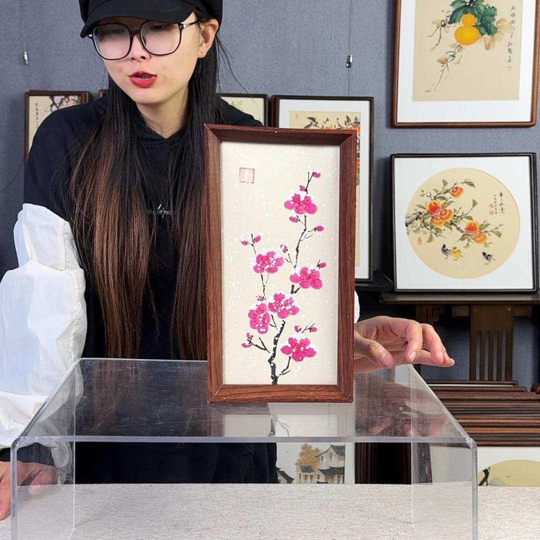 国画纯手绘，纯手写带框尺寸：16×29厘米