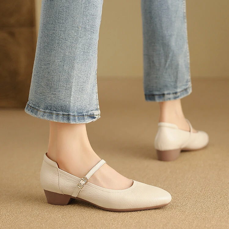 米白色软羊皮奶奶鞋女低跟百搭圆头软皮玛丽珍单鞋真皮软底小皮鞋