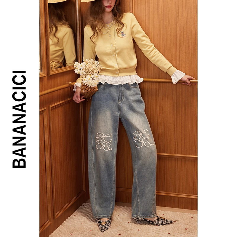BANANA CICI2025年春季新款复古镰刀型logo绣花高腰直筒牛仔长裤