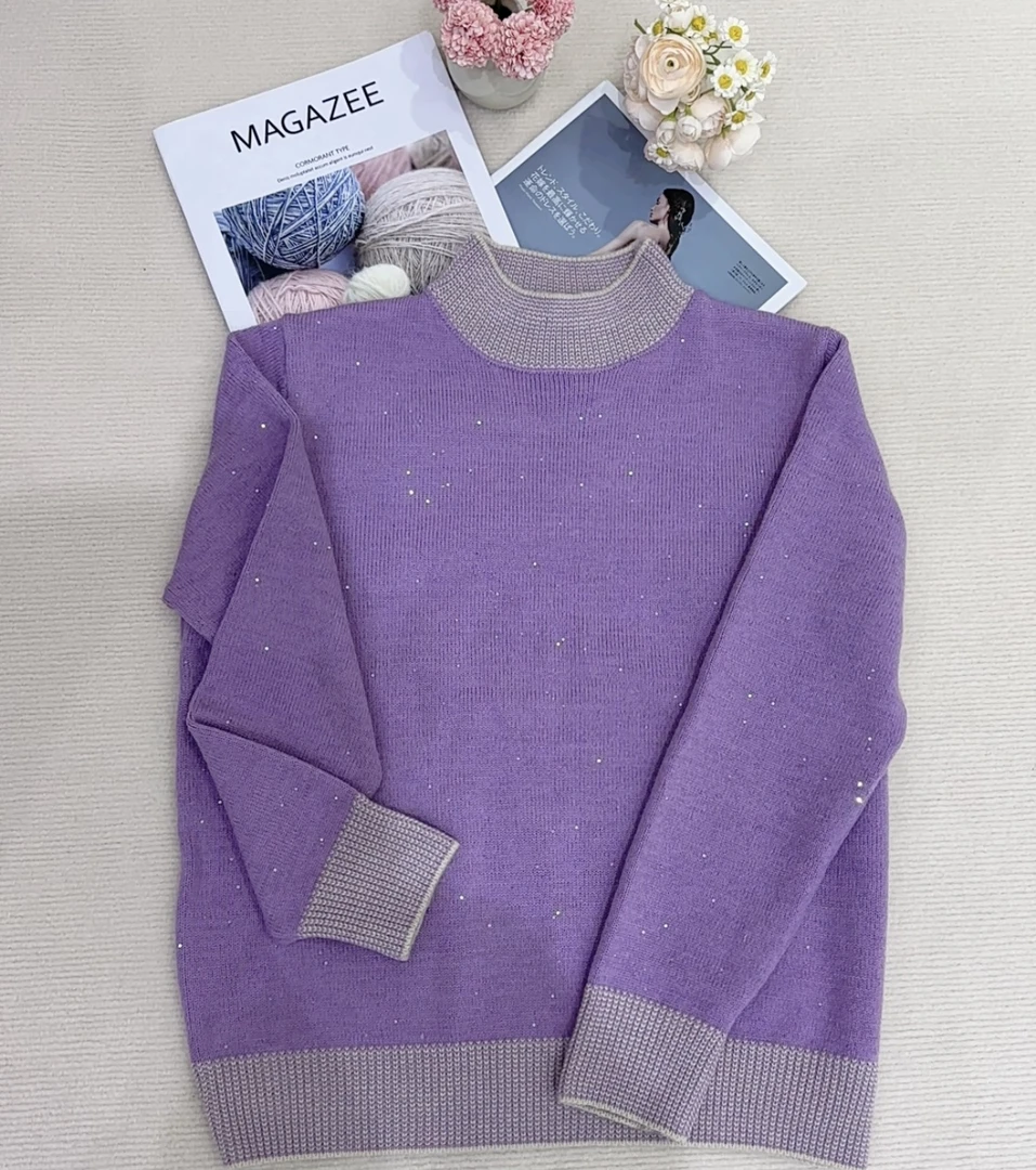 【亮片-紫】冬装毛衣女半高领加厚冬季女装洋气打底衫新款