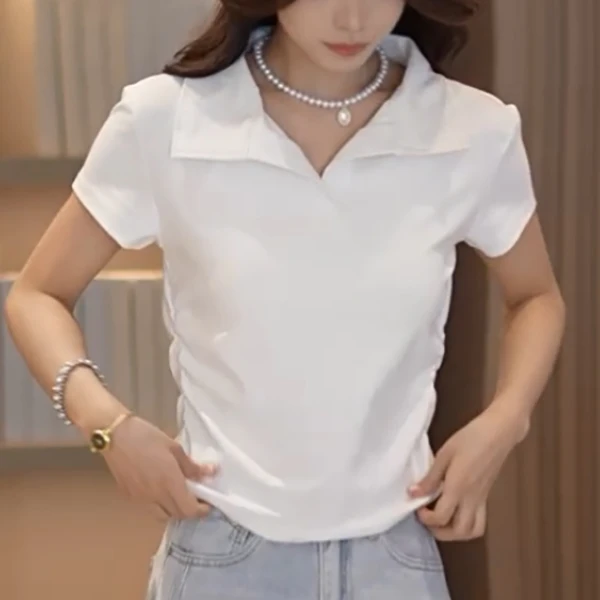 【新疆长绒棉+莱赛尔天丝】设计感正肩压褶修身显瘦短袖T恤女14284