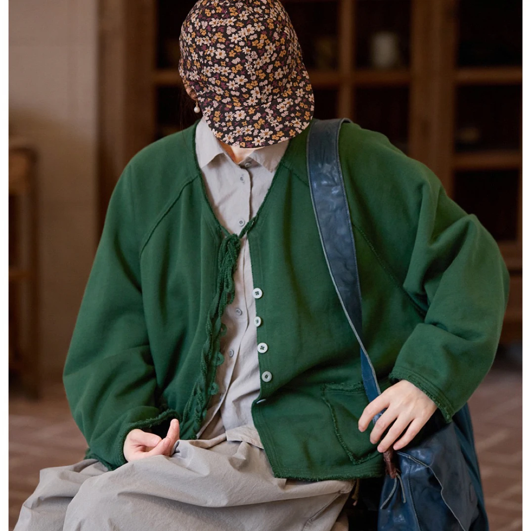 新款【杂想】秋款沉松绿长绒棉柔润Q弹针织开衫