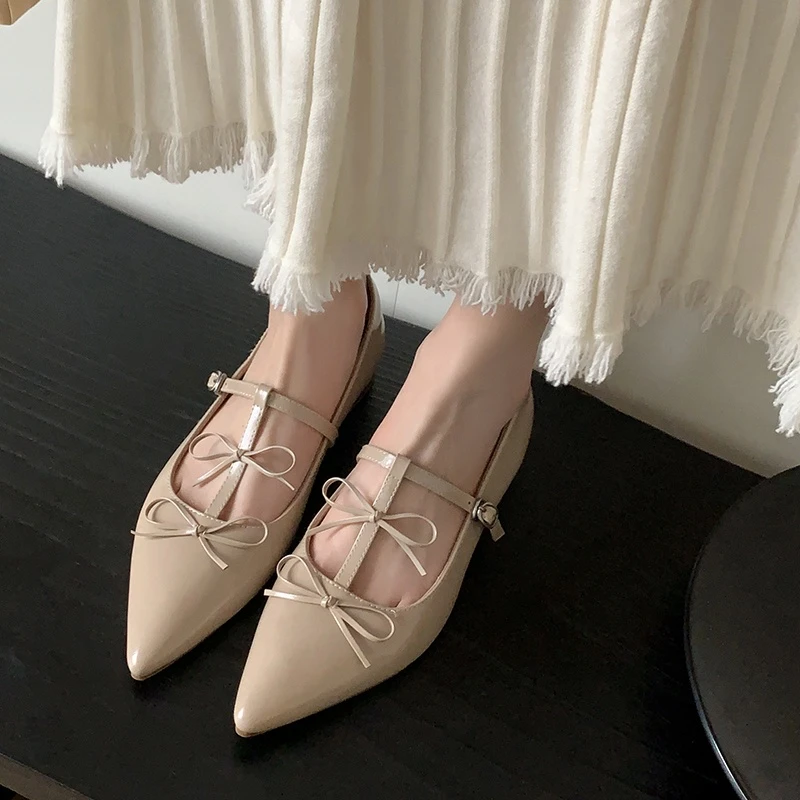 蛮好的人生孙俪胡曼黎成家秦岚周子然同款蝴蝶结单鞋玛丽珍裸色女