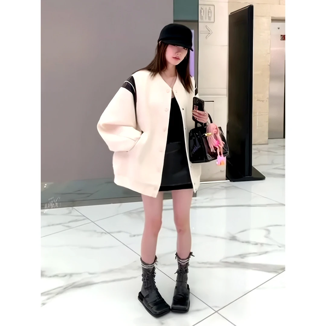 美式复古微胖小香棒球服撞色拼接皮外套女秋复古棒球服夹克上衣