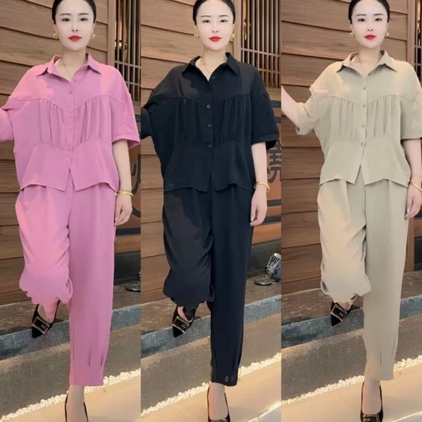 夏季新款大码女装哈伦裤套装中老年宽松显瘦遮肉