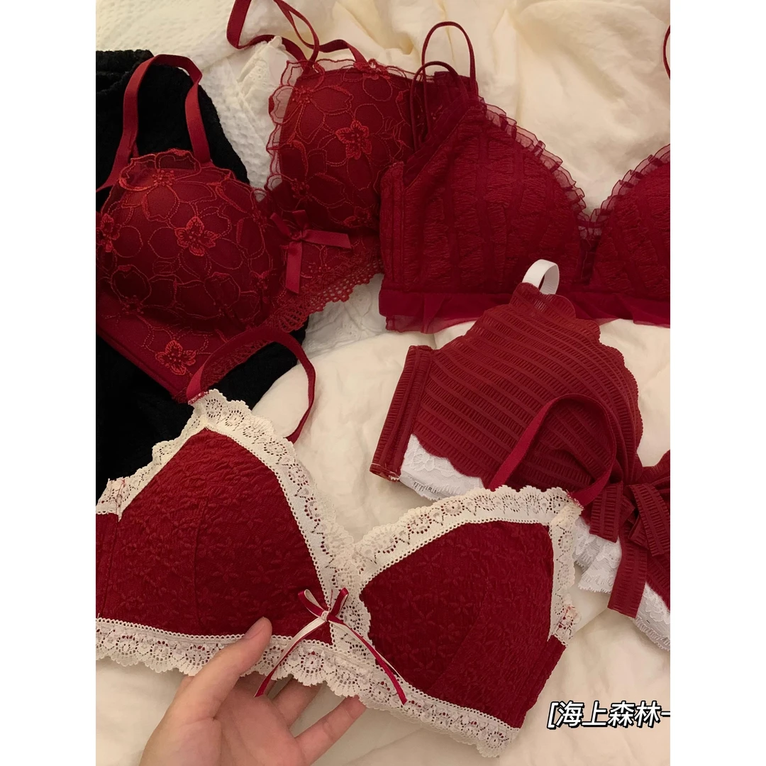 本命年内衣女红色蛇年转运小胸聚拢性感一对结婚红色文胸套装