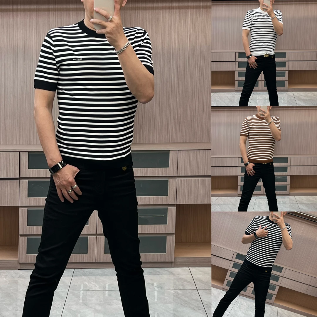 今晨优品-夏季简约商务伊力特针织弹力圆领条纹短袖T恤133