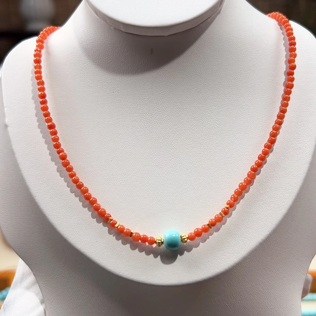 南红玛瑙未镶嵌33圆珠锁骨链卡3+