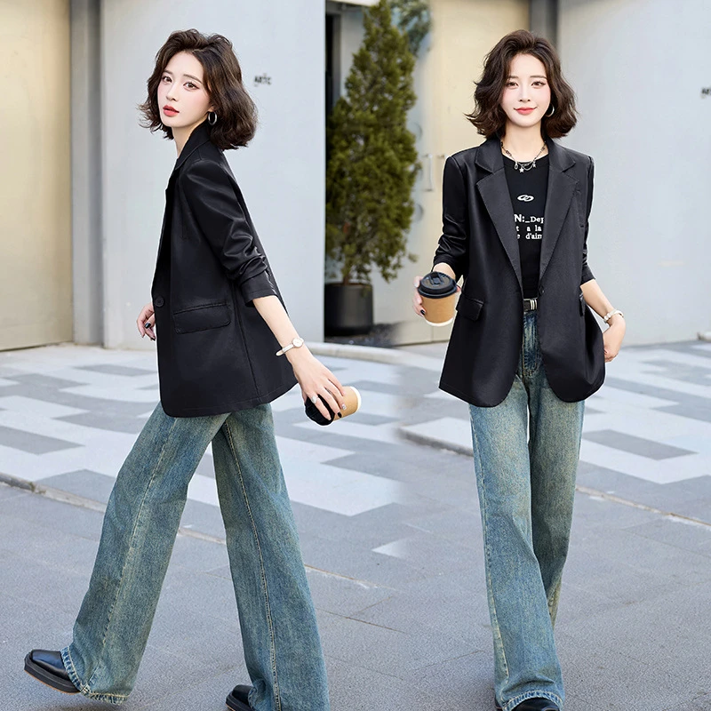 韩版休闲皮衣绵羊皮小个子港风黑色宽松时尚洋气机车皮夹克外套