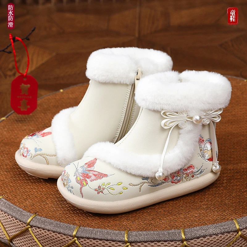汉服鞋女童冬季2024新款雪地靴子手工宝宝古风加绒棉鞋儿童绣花鞋